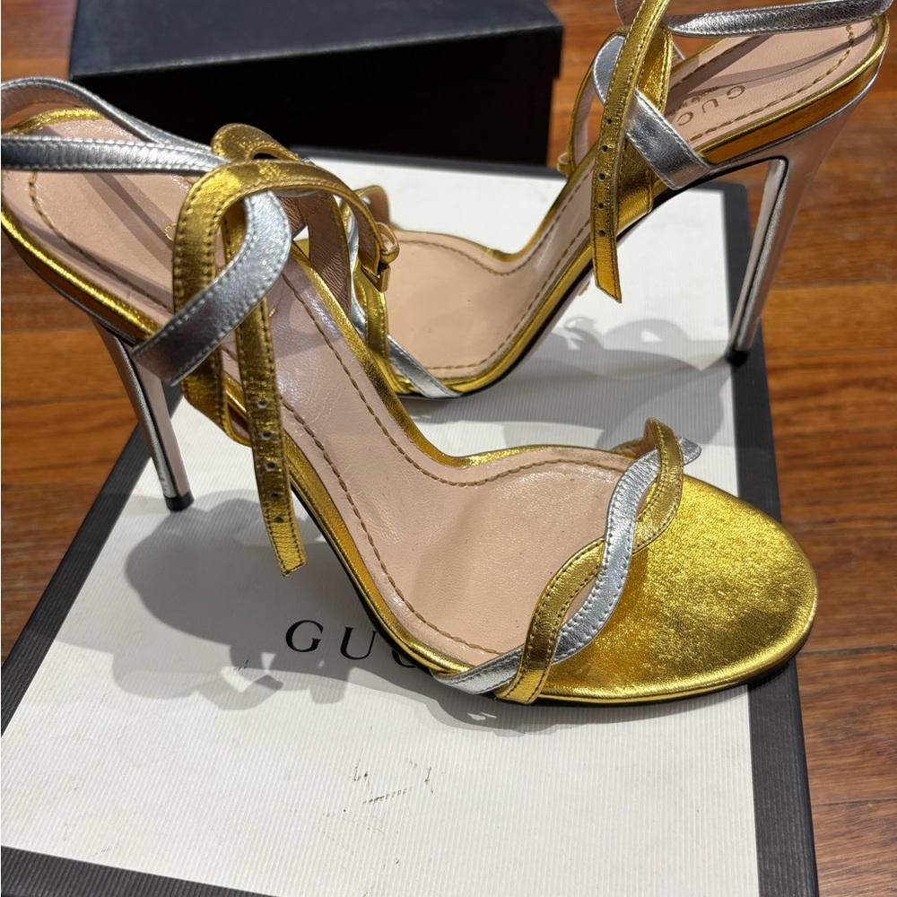 Gucci Women's Metallic Gold and Silver Strappy Heels